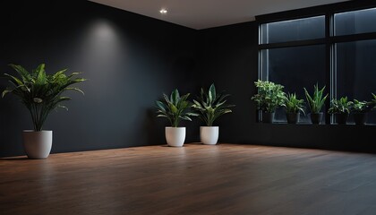 a dark room with plants and a black background wall mockup