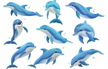 A set of cartoon bottlenose baby dolphins. Dolphin characters jumping and swimming. Oceanarium mascot underwater animal.