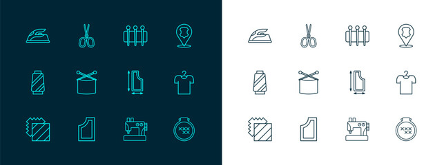 Set line Leather, Sewing pattern, machine, Knitting needles, Needle for sewing, Electric iron and Scissors icon. Vector