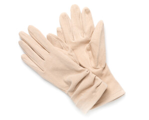 Beige gloves isolated on white, top view