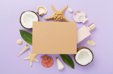 Summer banner with coconut and sea shells on color background. Vacation concept