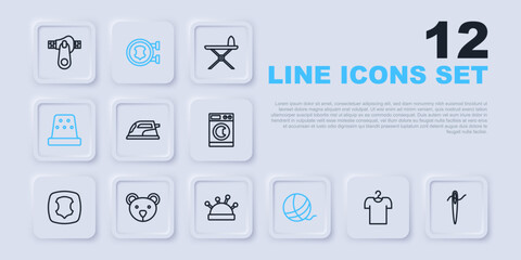 Set line T-shirt on hanger, Needle for sewing with thread, Electric iron, Yarn ball, Thimble, Teddy bear plush toy, Leather and bed and needles icon. Vector