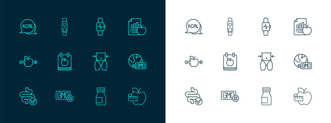 Set line Diet plan, No GMO, Women waist, Vitamins, Smart watch with heart, Kcal and icon. Vector