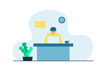 the man and his laptop are working flat design