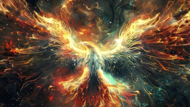 Celestial phoenix. Fantasy and cosmic creature. Colorful astrology loop animation. Atmospheric and ambient 4k video.