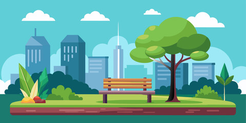 Obraz premium Tranquil city park with a bench and tree, set against the backdrop of a modern city skyline, illustrating urban green spaces.