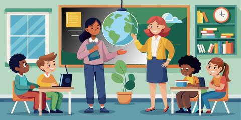 Classroom with teacher and students learning about the planet, emphasizing environmental education and awareness.
