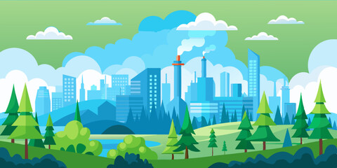 Illustration depicting a contrast between a green forest and an industrial cityscape, highlighting environmental impact and urbanization.