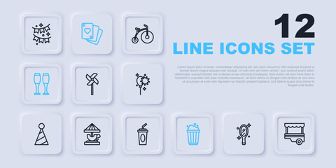 Set line Magic hand mirror, Fast street food cart, Pinwheel toy, Popcorn cardboard box, Bowling pin, Attraction carousel, Playing cards and Paper glass with water icon. Vector
