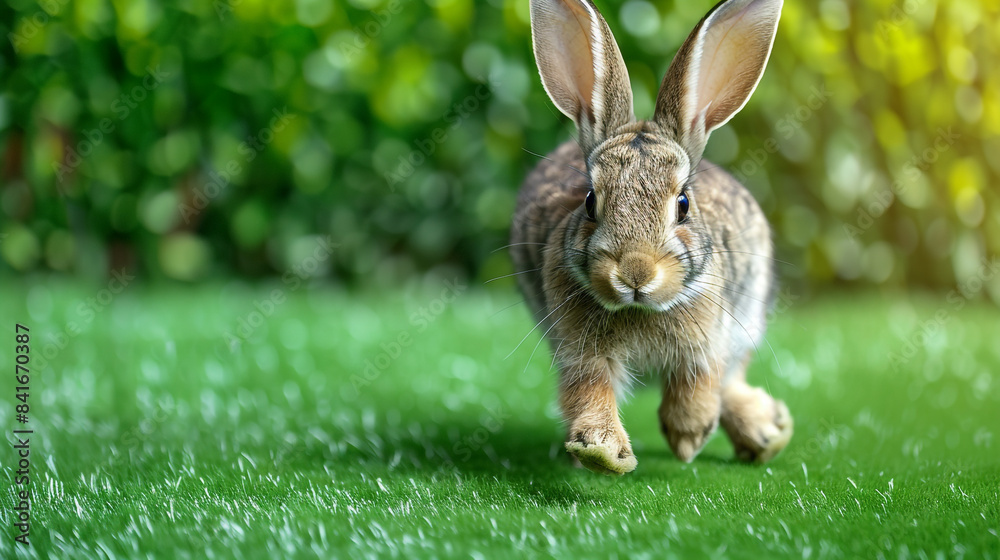 Wall mural A playful rabbit with long ears, hopping on a smooth, grassy green background. - Wall murals