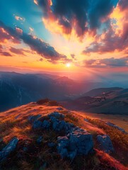 Naklejka premium Breathtaking Sunset Over Majestic Mountain Peaks Amid Dramatic Cloudy Sky in Remote Wilderness Landscape