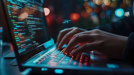 Obraz premium Computer Programmer Coding on Laptop in Technological Environment