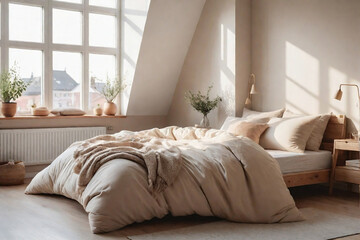 Fototapeta premium A Scandinavian-style bedroom with light beige tones, wooden accents, a cozy beige duvet, and natural light through windows.