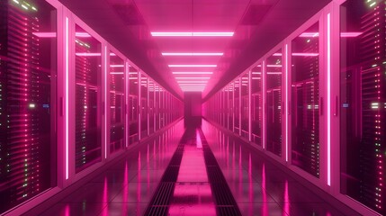 Fototapeta premium Illuminated Corridor of a Futuristic Data Center Facility Showcasing Modern Technology and Innovation