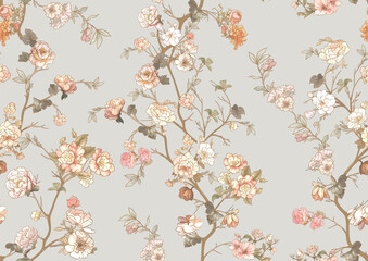 Blossom trees with flowers. Seamless pattern, background. Vector illustration. In Chinoiserie, japandi, botanical style