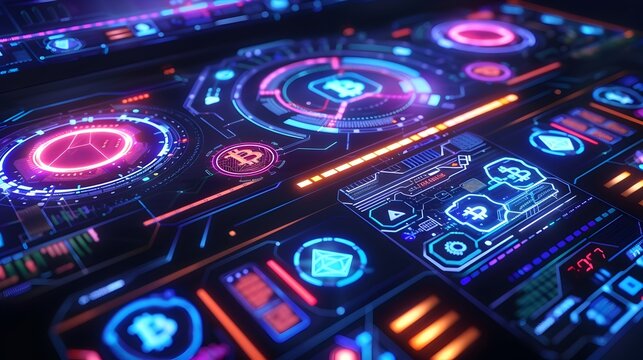 Futuristic Digital Interface with Neon Holographic Display and Data Visualization