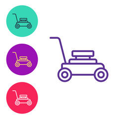 Set line Lawn mower icon isolated on white background. Lawn mower cutting grass. Set icons colorful. Vector