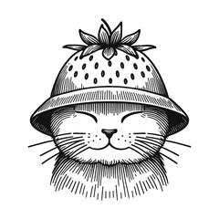 happy cat wearing cute strawberry cap line sketch