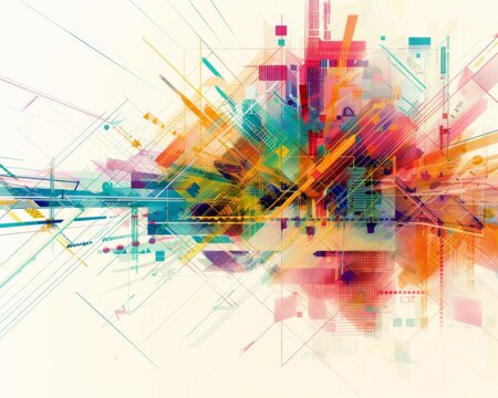 An abstract digital painting featuring geometric shapes, lines, and bold colors, representing the complexity and dynamism of web programming.