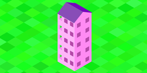 Pink building on saturated green isometric grass.