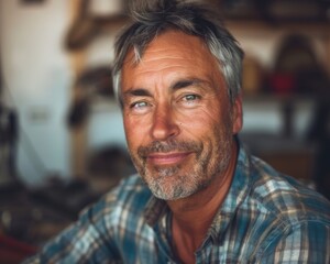 Obraz premium A close-up portrait of a middle-aged man with a kind face and a warm smile, captured in his workshop. His salt and pepper hair and weathered hands suggest years of hard work and dedication to his craf
