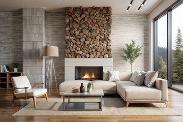 Minimalist modern living room with stone fireplace, white sofa, and firewood , minimalist, modern, living room, fireplace, stone