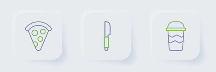Set line Coffee cup to go, Knife and Slice pizza icon. Vector