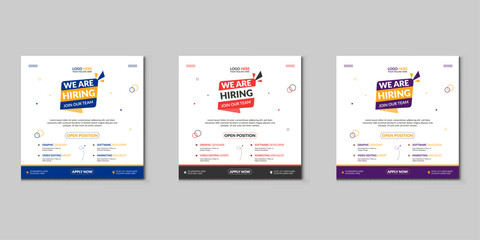 We are hiring job vacancy social media post banner design template with red color. We are hiring job vacancy square web banner design.