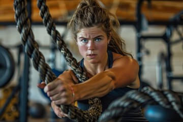 Obraz premium Woman Performing Intense Functional Fitness with Battle Ropes in a Modern Gym Setting