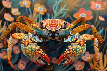 Beautiful Crab Colorful Illustration. Intricate Details, Children's Book Illustration Style. Created with Generative AI