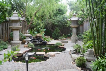 Fototapeta premium Serene Traditional Japanese Zen Garden with Koi Pond and Stone Lanterns for Tranquil Atmosphere
