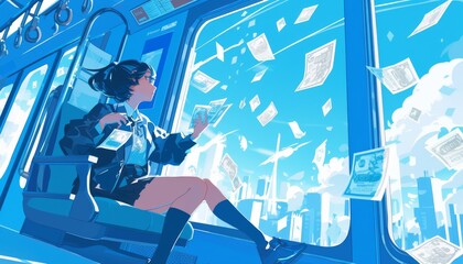 Charming anime girl on a train in a big city, stock market chart overlay, white background, perfect for professional and creative financial content