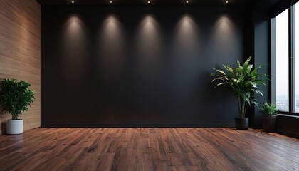 a dark room with plants and a black background