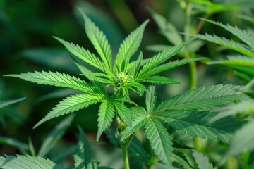 Closeup of vibrant cannabis plant leaves and bud in sunlight