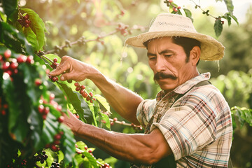 Latin american farmer is harvesting coffee beans on a farm