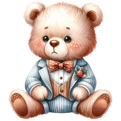 Watercolor illustration of a little bear in a vintage outfit, depicted in a charming and festive style. PNG on transparent background.