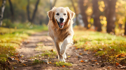 Golden Retriever Enjoying a Sunny Forest Walk