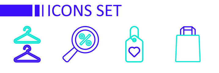 Set line Paper shopping bag, Heart tag, Magnifying glass with percent and Hanger wardrobe icon. Vector
