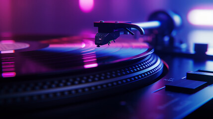 old-fashioned turntable vinyl record player with disc and needle, vintage retro music and audio equipment concept, 60s and 70s 