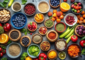 Colorful array of fresh fruits, vegetables, nuts, and seeds in various bowls on a surface, healthy, organic, vibrant, food, assortment, nutrition, variety, natural, diet, freshness