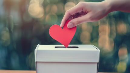 person hand put love heart shape sign in white ballot box, voting and election concept, like and approval