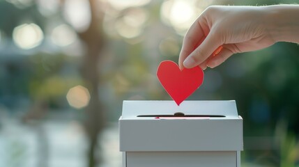person hand put love heart shape sign in white ballot box, voting and election concept, like and approval