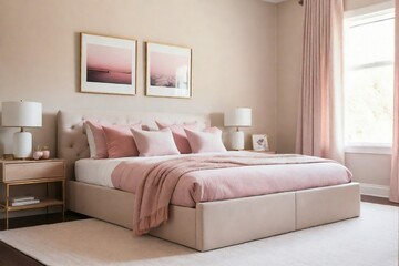 Fototapeta premium A family-friendly bedroom featuring a beige bed with storage underneath, a soft beige rug, pillows, and painting in a minimal style with pink color tone.