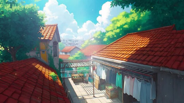 4K looping video shows a coastal village with colorful houses, sandy beaches, gentle waves, and a bright sky, evoking happiness and tranquility.