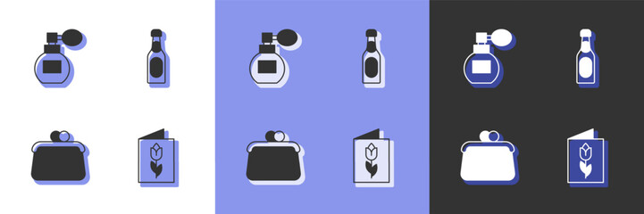 Set Greeting card with 8 March, Perfume, Handbag and Champagne bottle icon. Vector