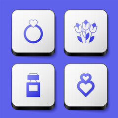 Set Diamond engagement ring, Flower tulip, Perfume and Heart icon. White square button. Vector
