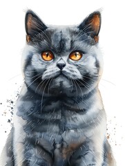 A stunning watercolor painting of a grey cat with striking, bright yellow eyes. Captivating, detailed, and full of charm.