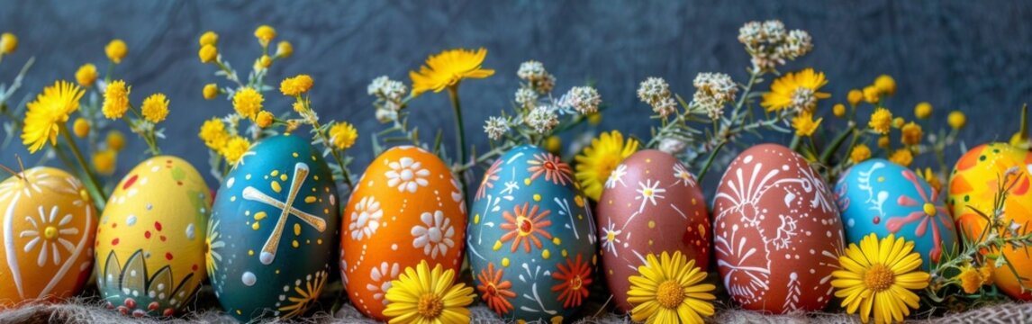 A close-up of beautifully decorated Easter eggs from Lipik, showcasing intricate Christian symbols. The eggs are surrounded by vibrant spring flowers, creating a festive and celebratory image.