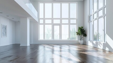 Fototapeta premium Empty condominium apartment with high ceilings, contemporary finishes, perfect for interior design mockup