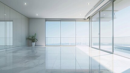 Obraz premium Bright empty condominium apartment, large glass doors to balcony, blank canvas for designers